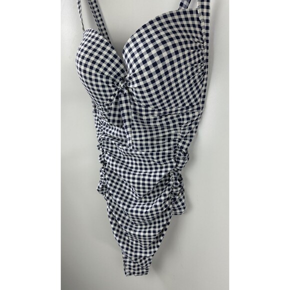 Torrid Navy Gingham Tie Front Wireless Ruched One-Piece Swimsuit Plus Size 4 4X - Picture 5 of 16